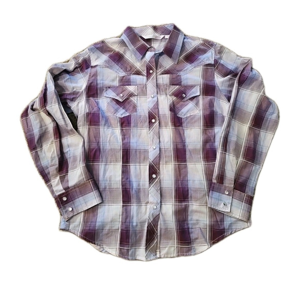Women's Cumberland Outfitters Purple Plaid Long Sleeve Snap Button Shirt Size M
